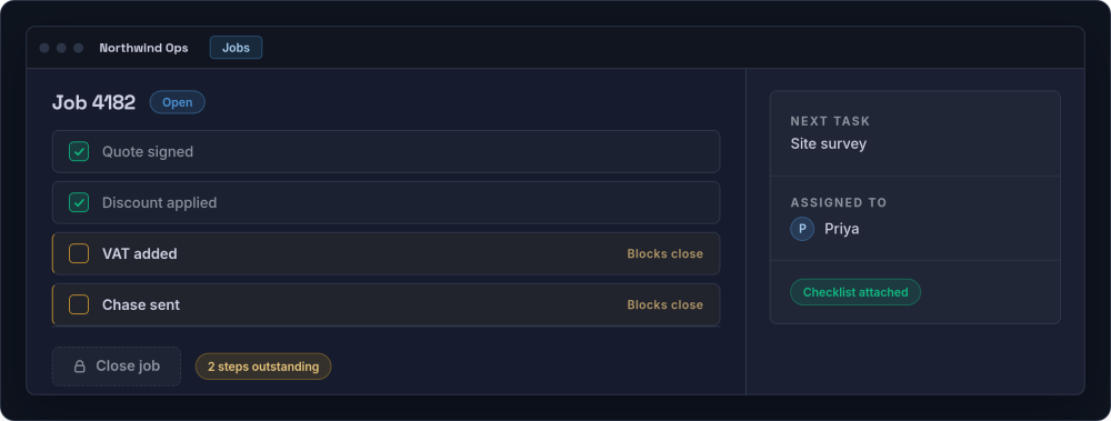 A job screen in a fictional operations app with two ticked steps, two outstanding steps and a locked close job button