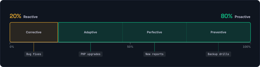 A proportion bar split into 20% reactive corrective work and 80% proactive work, the larger share divided into adaptive, perfective and preventive maintenance