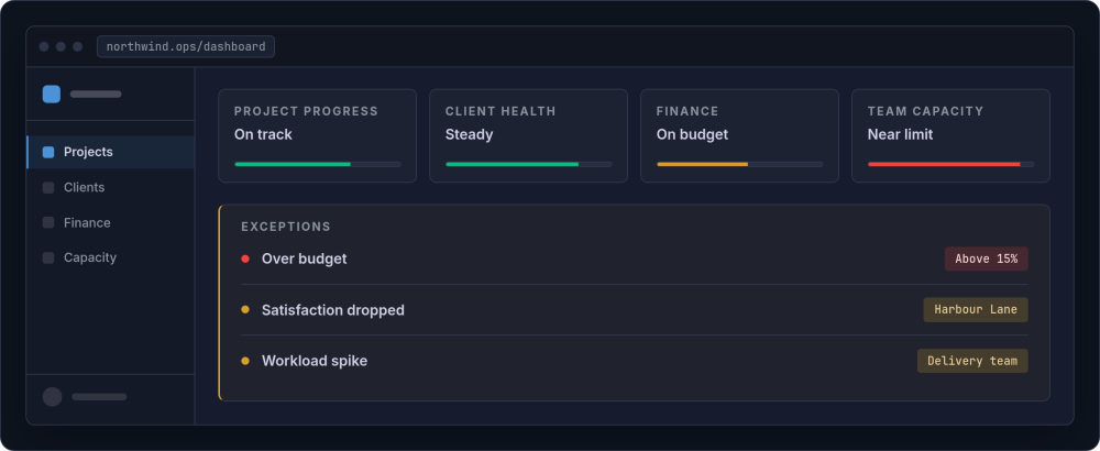 Dashboard mockup with status tiles for project progress, client health, finance and capacity, and an exceptions panel listing an over-budget project, a dropped satisfaction score and a workload spike