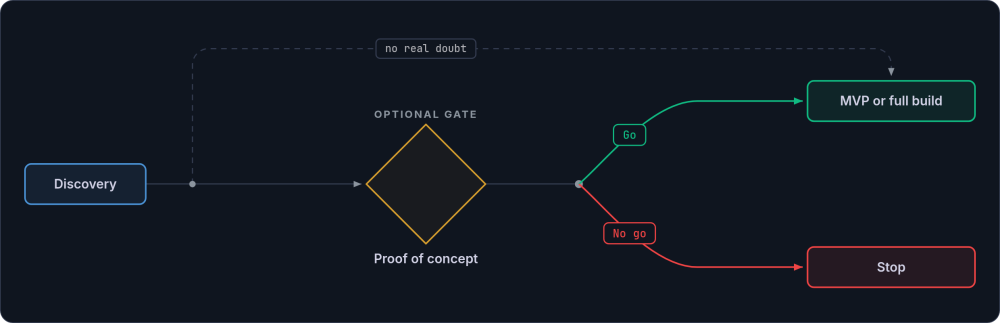 Flow from discovery to an optional proof-of-concept gate, with a dashed bypass past it, a go branch to the MVP or full build and a no-go branch that stops the project