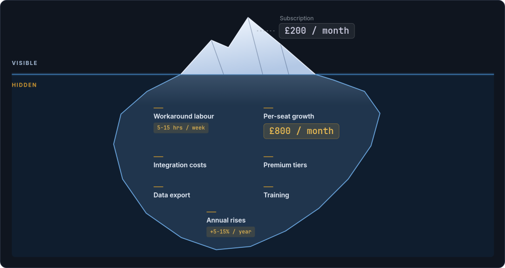 Iceberg diagram: the small peak above the waterline is a £200 a month subscription; the far larger submerged mass holds per-seat growth, workarounds, integration, training and annual rises
